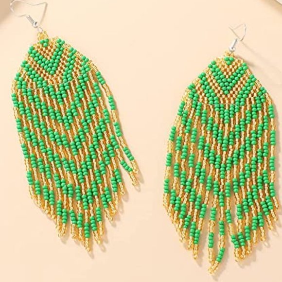 Long 5.5" Green Gold Chevron Stripe Earrings Handmade Beaded Oversized Bohemian - Picture 1 of 3